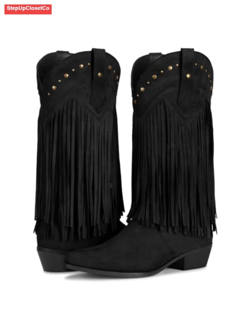 Faux Suede Fringe Cowboy Boots Mid Calf Chunky Heel Western Women